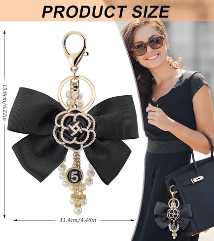 Camellia Flower Bag Charms Bow-Knot keychain with Pearl Lucky Five Chain Dangle Charm for Women's Handbags in Saudi Arabia
