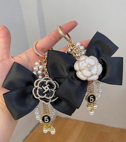 Camellia Flower Bag Charms Bow-Knot keychain with Pearl Lucky Five Chain Dangle Charm for Women's Handbags in Saudi Arabia