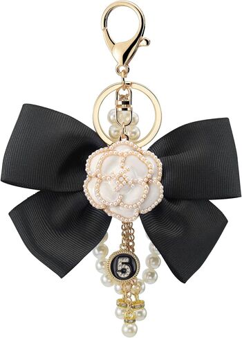 Camellia Flower Bag Charms Bow-Knot keychain with Pearl Lucky Five Chain Dangle Charm for Women's Handbags in Saudi Arabia