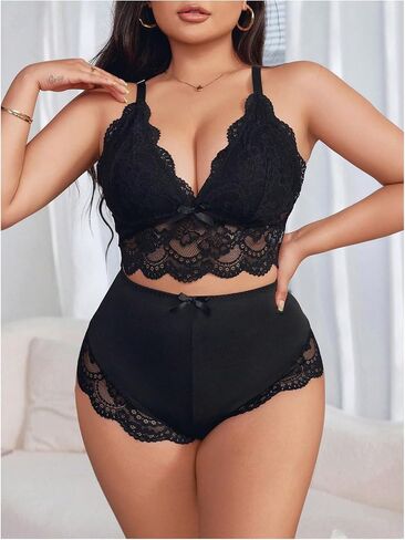 SweatyRocks Women's Plus Size Lace Lingerie Set Sheer Bralettes and Cut Out Briefs Underwear Sets in Saudi Arabia