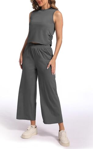 2 Piece Outfits Wide Leg Jogging Sets for Women Yoga Ice Silk Jogger Tracksuit Workout Sets with Pockets in Saudi Arabia