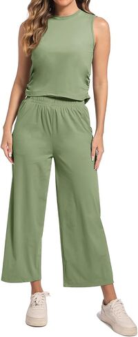 2 Piece Outfits Wide Leg Jogging Sets for Women Yoga Ice Silk Jogger Tracksuit Workout Sets with Pockets in Saudi Arabia
