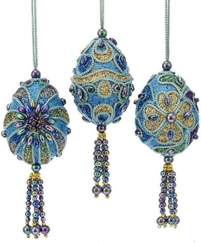 بيضة كيرت أدلر الطاووس المصغرة مع حبل أزرق مخضر وخرز قزحي الألوان وزخرفة لامعة باللون الأخضر والأزرق واللافندر - 3 متنوعة in Kuwait