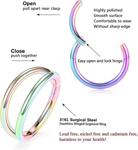 PEAKLINK Double Nose Hoop Ring Sets Hinged Segment Ring Seamless Clicker Ring 20G 18G 16G Septum Jewelry Conch Helix Cartilage Daith Rook Tragus Lobe Hoop Earrings 6mm to 12mm in Kuwait