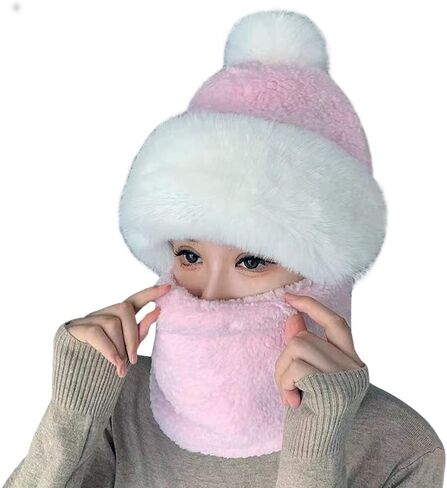 Women's Winter Fleece Beanie Hat Scarf Mask Set, Cute One Piece Warm Thicken Hooded Ski Hat Neck Warmer for Outdoor in Kuwait