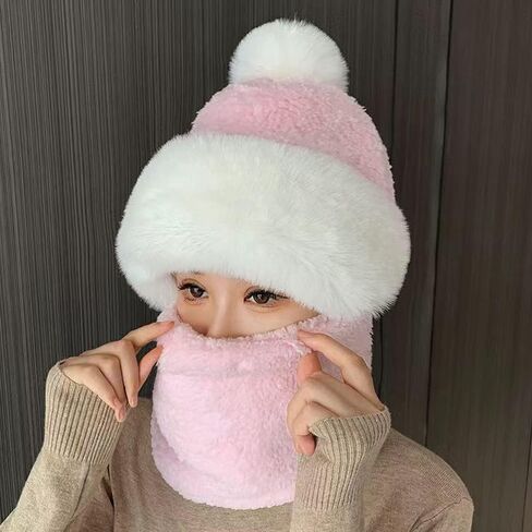Women's Winter Fleece Beanie Hat Scarf Mask Set, Cute One Piece Warm Thicken Hooded Ski Hat Neck Warmer for Outdoor in Kuwait
