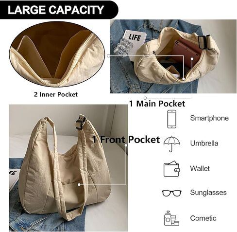 Large Nylon Crossbody Purse Women Hobo Crescent Shoulder Bag Slouchy Tote Bag Casual Weekend Handbag for Women in Saudi Arabia