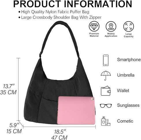 Large Nylon Crossbody Purse Women Hobo Crescent Shoulder Bag Slouchy Tote Bag Casual Weekend Handbag for Women in Saudi Arabia