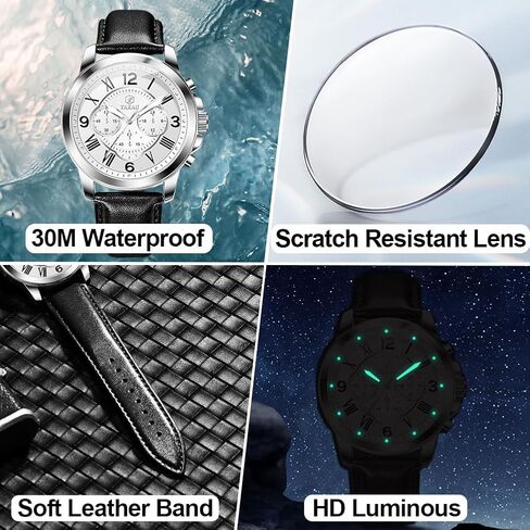 ساعة كرونوغراف للرجال وجه كبير سهلة القراءة تناظرية كوارتز للرجال ساعة رسمية بحزام جلدي مقاومة للماء مضيئة موضة كاجوال ساعة معصم للرجال in Kuwait
