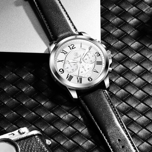 ساعة كرونوغراف للرجال وجه كبير سهلة القراءة تناظرية كوارتز للرجال ساعة رسمية بحزام جلدي مقاومة للماء مضيئة موضة كاجوال ساعة معصم للرجال in Kuwait