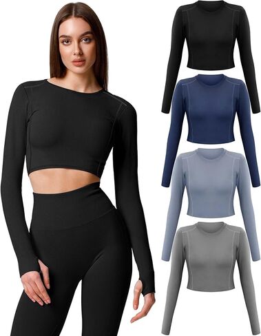 Jecery 4 Pcs Long Sleeve Crop Tops for Women Workout Basic Clothes for Ladies Fitted Slim Scoop Neck Cute Yoga Shirts in Saudi Arabia