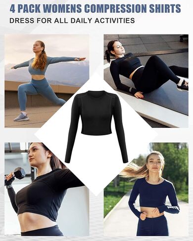 Jecery 4 Pcs Long Sleeve Crop Tops for Women Workout Basic Clothes for Ladies Fitted Slim Scoop Neck Cute Yoga Shirts in Saudi Arabia