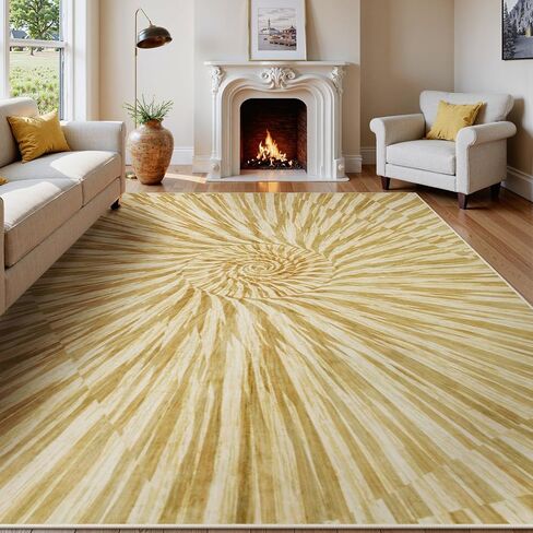 سجادة Wonnitar مجردة دوامة 9x12، سجاد منطقة قابل للغسل في الغسالة، سجادة غرفة معيشة كبيرة، سجادة منطقة هندسية حديثة غير قابلة للتساقط، سجاد جمالي لغرفة النوم وغرفة الطعام (أصفر/ذهبي، 9 × 12) in Kuwait