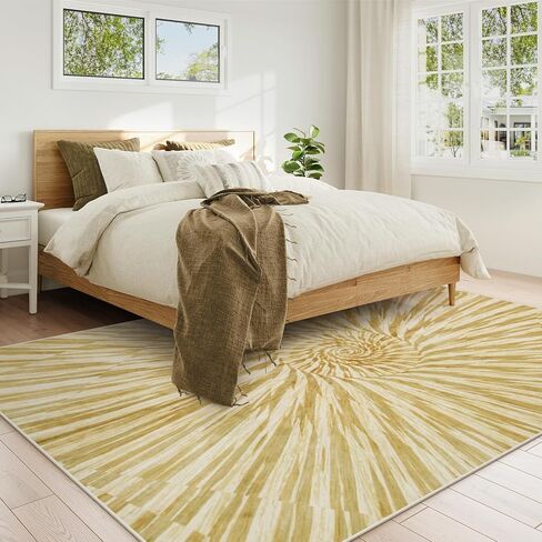 سجادة Wonnitar مجردة دوامة 9x12، سجاد منطقة قابل للغسل في الغسالة، سجادة غرفة معيشة كبيرة، سجادة منطقة هندسية حديثة غير قابلة للتساقط، سجاد جمالي لغرفة النوم وغرفة الطعام (أصفر/ذهبي، 9 × 12) in Kuwait