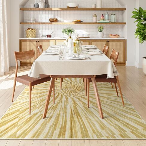 سجادة Wonnitar مجردة دوامة 9x12، سجاد منطقة قابل للغسل في الغسالة، سجادة غرفة معيشة كبيرة، سجادة منطقة هندسية حديثة غير قابلة للتساقط، سجاد جمالي لغرفة النوم وغرفة الطعام (أصفر/ذهبي، 9 × 12) in Kuwait