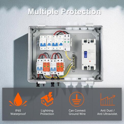 PV Combiner Box 2 String Solar Distribution Box with 25A, 250A DC Circuit Breakers, 63A,125A AC Circuit Breakers, and Surge Protection. Solar PV Breaker Box Perfect for 8K-10KW Solar Inverter Systems in Kuwait