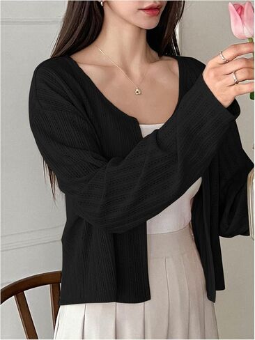 MakeMeChic Women's Long Sleeve Button Open Front Lightweight Cropped Cardigan Sweaters in Saudi Arabia