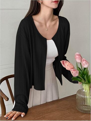 MakeMeChic Women's Long Sleeve Button Open Front Lightweight Cropped Cardigan Sweaters in Saudi Arabia