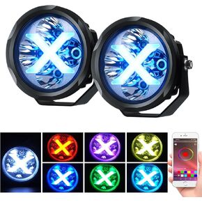 4wdking rgb أدى ضوء القيادة 2pcs 4 "led جولة القرون بقعة ومشط الفيضانات ضوء العمل مع التطبيق التحكم ip69k للماء متعدد الألوان الضباب / قبالة الطريق ضوء عدة للشاحنات جيب atv utv عربة الغولف (R4T3 بقعة)