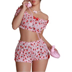 MakeMeChic Women's 2 Piece Mesh Lingerie Strawberry Off Shoulder Bow Front Ruffled Wireless Bra Lingerie Set
