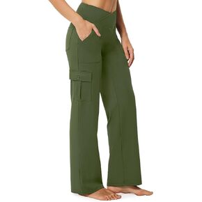 Yoga Pants Women Wide Leg Cargo Pants with Pockets Crossover High Waist Business Casual Dress Pants