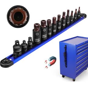 Triple-Square Spline Bit Socket Set: 13-Piece Socket Set with Magnetic Socket Rail Organizer, 1/4,3/8,1/2-inch Drive M4-M18 12 Point Bit Socket Set for Garages Workshops
