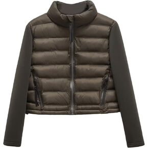 Womens Long Sleeve Patchwork Puffer Jacket Quilted Crew Neck Zip Up Coat with Pockets