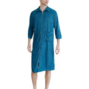 Men's Soft Robe 3/4 Sleeve House Coat Zipper Housecoat with Pocket Comfy Loose Spring Zip Front Terry Cloth