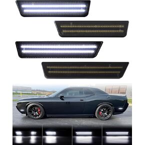 Dynamic White LED Side Marker Lights for Dodge Challenger 2008 2009 2010 2011 2012 2013 2014, Smoked Lens Front Rear Bumper Reflector Lamps, pack of 4