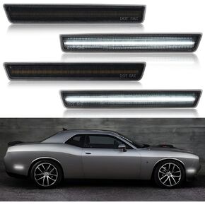 R&F Auto Side Marker Lights Replacement for Challenger 2015-2023 Front Rear Bumper Marker Lamps Fender Light 4 PCS (Smoked Len + White Light)