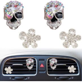 Bling Skull & Daisy Air Vent Clips, 4 Pcs Crystal Skull Car Air Fresheners Vent Clips Car Diffuser Vent Clip Rhinestone Diamond Car Decoration Cute Car Interior Decor Bling Car Accessories for Women (Skull&Daisy)