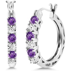 Gem Stone King 925 Sterling Silver Purple Amethyst and White Lab Grown Diamond Accent Women's Hoop Earrings (0.61 Cttw, Gemstone Birthstone, 22MM = 0.85 Inches Diameter)