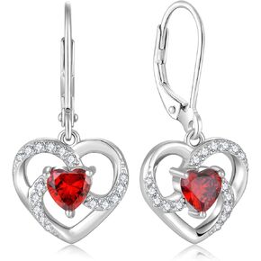 Women's Heart Birthstone Dangle Earrings, 925 Strlings Silver 5A Cubic Zircon Leveback Earrings Jewelry Birthday Gifts for Her