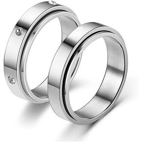 COLORFUL BLING Stainless Steel Spinner Ring Fidget Band Polished Finish Anti Anxiety Crystal Couple Rings for Women Men Stress Relieving Wedding Promise Size 6-11