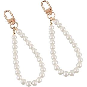 2 Pcs White Faux Pearl Keychain Straps Beaded Keyring Lanyard Key Chain Holder Wristlet Key Ring Wrist Strap Elegant Purse Car Accessories Women's Keyrings and Keychains Car Keychains Lanyard Strap