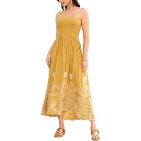 Bsubseach Spaghetti Strap Dresses for Women Hawaiian Midi Dress Boho Smocked Flowy Flower Embroidery Maxi Dress