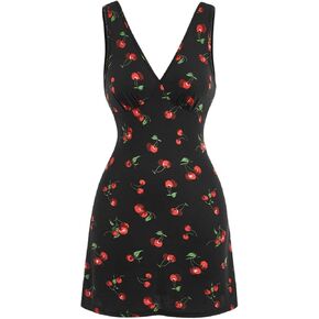 Floerns Women's Casual Cherry Print Sleeveless V Neck Tie Waisted Dress