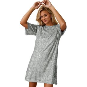 R.Vivimos Women's Loose Party Sparkly Sequin Dress Short Sleeve Back Button Crew Neck Glitter Mini Shift Dress Clubwear