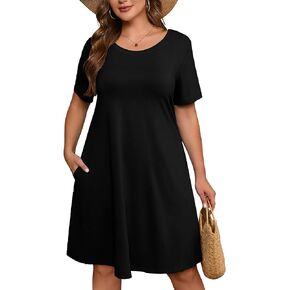 AusLook Plus Size Women's Summer Short Sleeves Crew Neck Midi Dresses Casual Loose Fitting Tank Sundress with Pockets