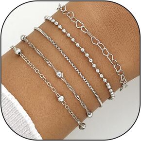 Dainty Stackable Bracelets for Women Layered Gold Silver Heart Beaded Bracelet Set Adjustable Twisted Beaded Box Chain Bracelets Trendy Jewelry Gifts