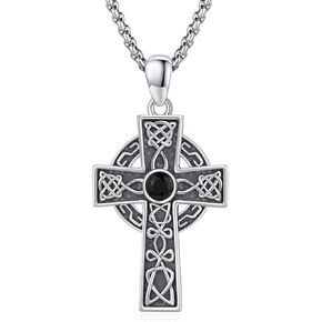 Celtic Knot Cross Necklace 925 Sterling Silver Zircon Irish Celtic Cross Pendant Religious Amulet Birthday Jewelry for Women Men