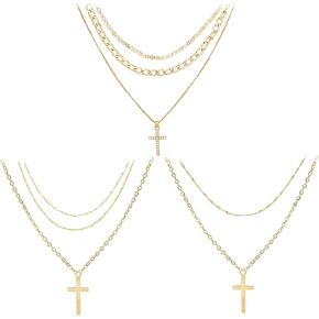 NEWITIN 3 Pieces Cross Necklaces for Men Stainless Steel Layered Cuban Link Herringbone Chain Cross Pendant Silver Cross Chain Pearl Necklace for Men Women