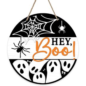deroro Halloween Hey Boo Ghost Sign لديكور الباب الأمامي، شماعة باب خشبية على شبكة عنكبوت مخيفة للشرفة الخارجية في الهواء الطلق، إكليل خشبي مضحك للحفلات الداخلية للتعليق على الحائط