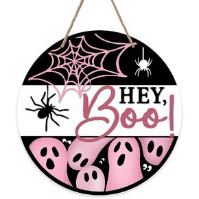 Deroro Halloween Hey Boo Ghost Sign for Front Door Decor, Spooky Spider Web Wood Door Hanger for Outdoor Outside Porch, Funny Wooden Wreath Party Indoor Wall Hanging Decoration