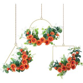 White Rose Wreath, Set of 3 Artificial Flower Wreath Hoop with White Floral & Eucalypts Leaves for Home Outdoor Indoor Wedding Party Wall Window Decor