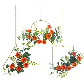 White Rose Wreath, Set of 3 Artificial Flower Wreath Hoop with White Floral & Eucalypts Leaves for Home Outdoor Indoor Wedding Party Wall Window Decor