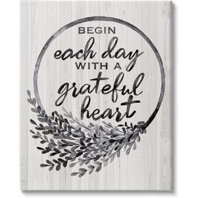 Stupell Industries Begin Each Day Grateful Heart Vintage Country Wreath Canvas Wall Art, 16 x 20, Grey