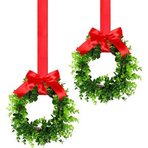 Jexine Christmas Kitchen Cabinet Wreaths Mini Christmas Wreath with Ribbon Xmas Small Cabinet Wreaths for Window Door Chair Wall Christmas Artificial Greenery Wreath Decoration
