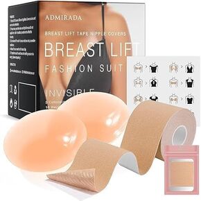 Boob Tape Boobtape with Nipple Covers: Boobytape for Breast Lift, Breast Lift Tape with with 2 Pcs Large Size Sticky Adhesive Silicone Reusable Nipple Covers Nude