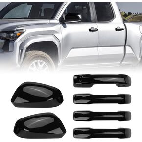Rearview Mirror Cap & Door Handle Cover Compatible with Toyota Tacoma 2024 SR SR5 TRD PreRunner, Passenger Driver Side Door Mirror Exterior Accessories Stripe Molding Cover Trims, Glossy Black